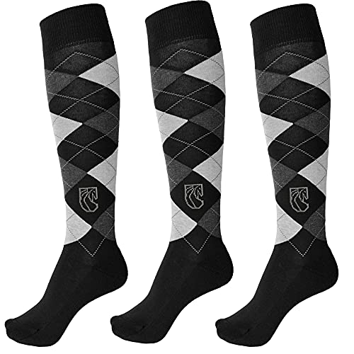 Pramoda 3 Paar Damen Baumwoll Reitsocken - Kniestrümpfe mit Karos, Reiterkniestrumpf - Schwarz (36-40) von pramoda boots&socks