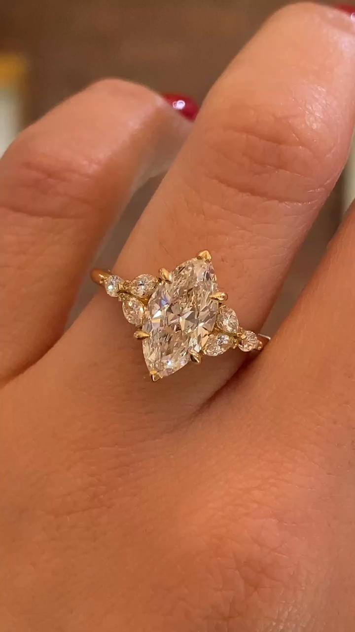 Marquise Moissanit Diamant Ring 14K Gold Vintage Cluster Verlobung von prayjewellery