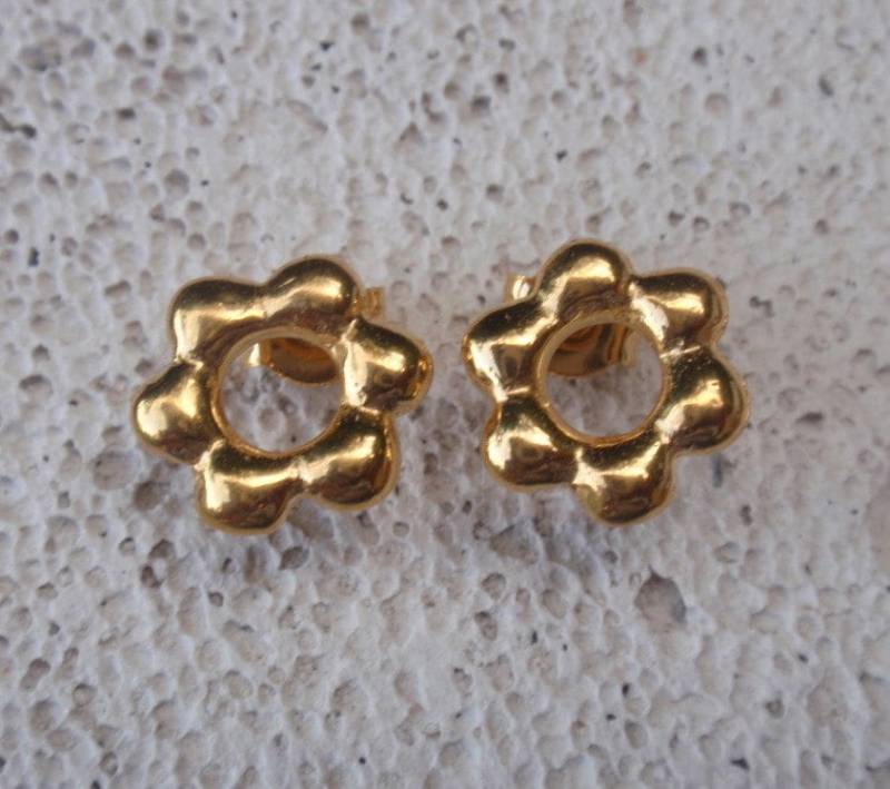 Blume Punkt Gold Ohrstecker Sterling Silber 24K Vergoldet Blumen Offener Kreis Kleine Brautschmuck Damen Geschenk von preciousjd