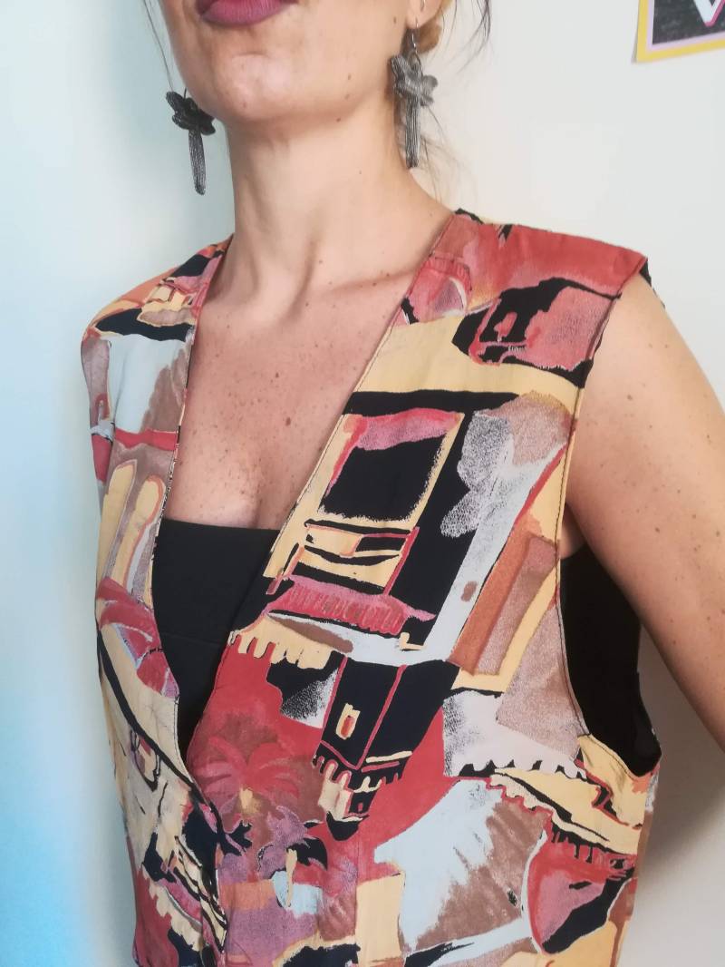 Vintage 80Er Jahre Abstrakte Seiden Weste Bunte Gilet, Größe M von presquenew