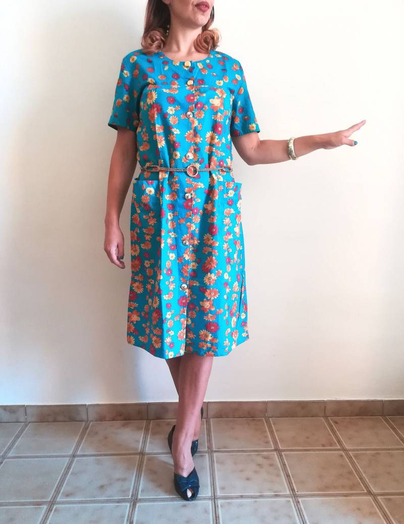 Vintage 70Er Jahre Geblümtes Baumwoll Midi Kleid Türkisfarbene Bluse, Gr. S von presquenew