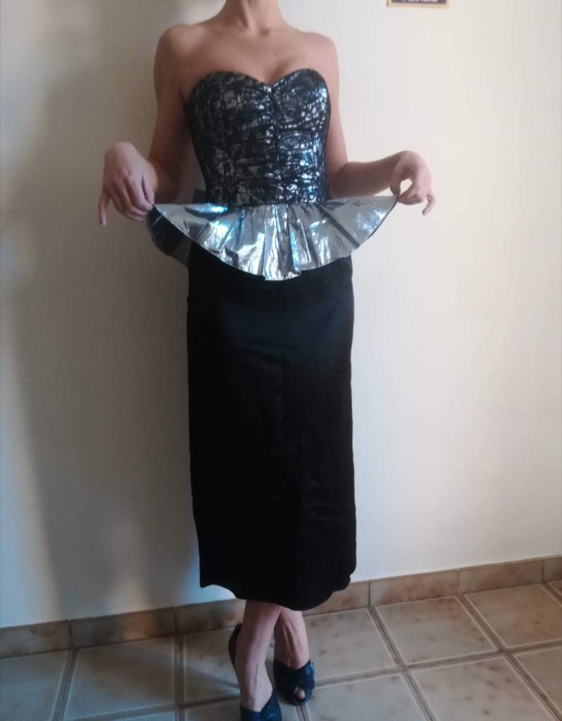 Vintage Gunne Sax Schößchen-Kleid Silbernes Korsett, Schwarze Spitze, Us 5 von presquenew