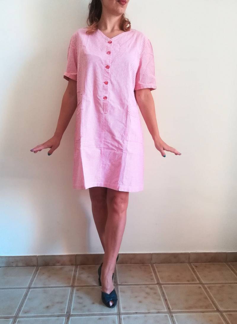 Vintage 70Er Jahre Hahnentritt Mini Kleid Rot-Weiße Baumwolle Durchgeknöpft | M von presquenew