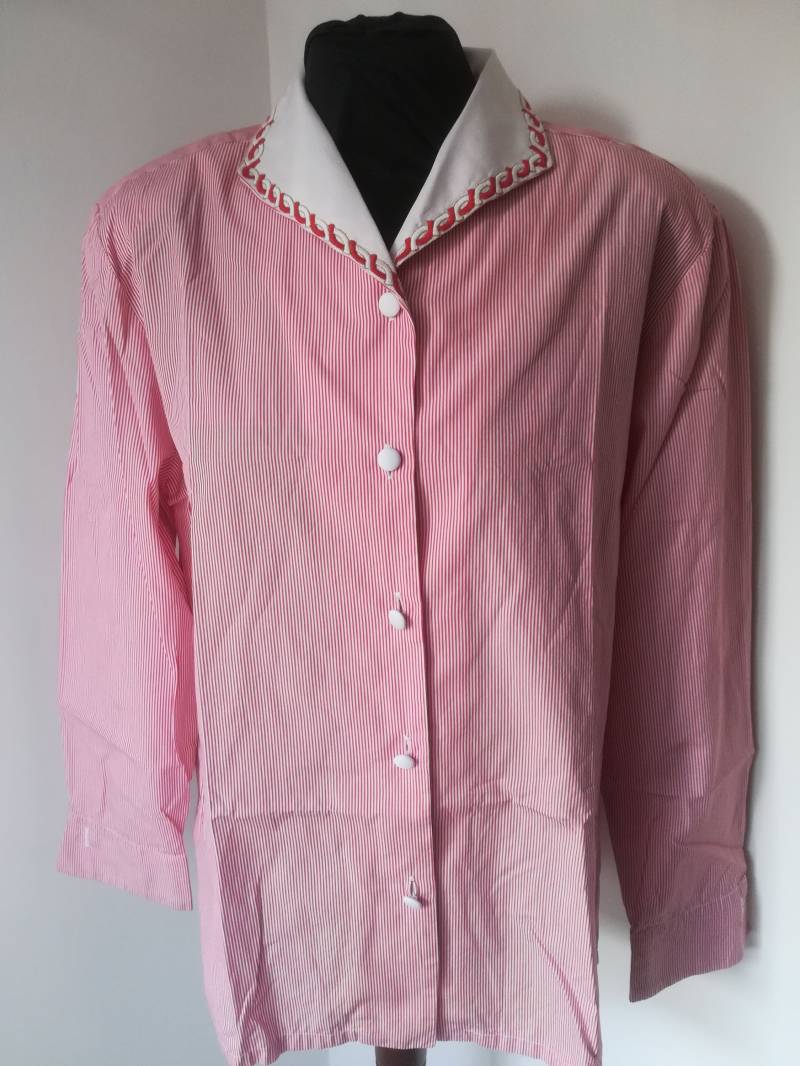 Vintage 80Er Jahre Gestreifte Bluse Bestickter Kragen, It 46 von presquenew