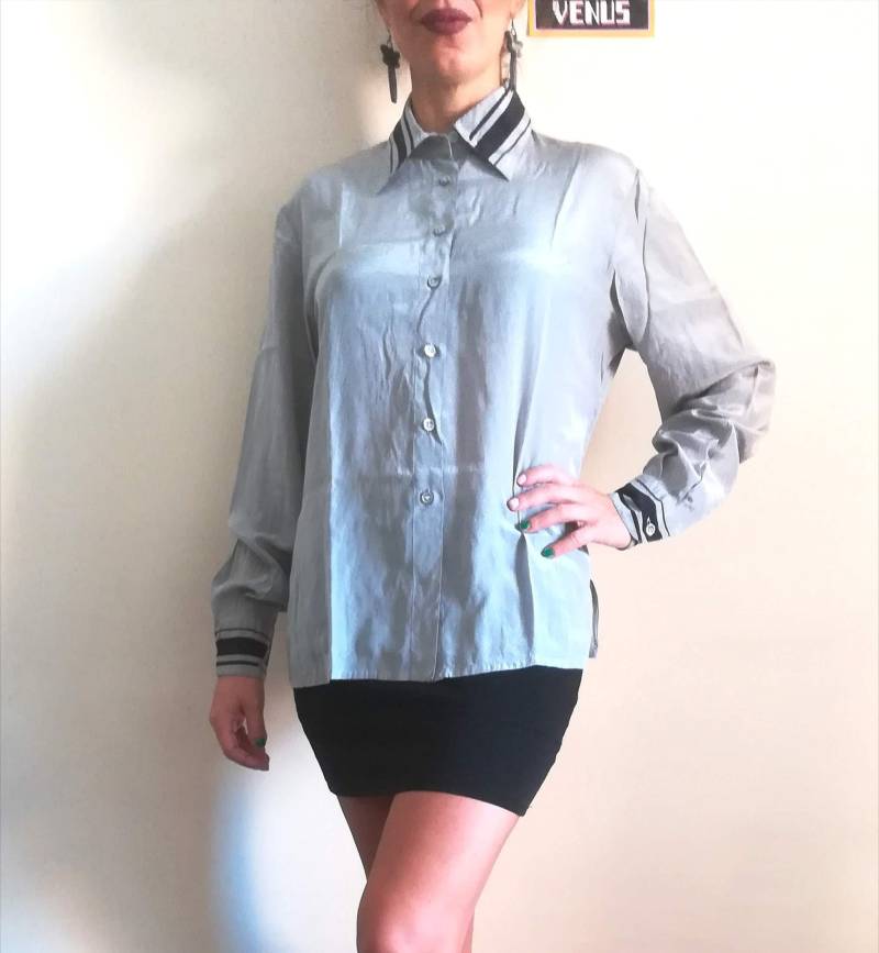 Pancaldi & B Seide Shirt Vintage 70 Damen Button-Up Shirt Perlgraue Seidenbluse Made in Italy Gr. V von presquenew