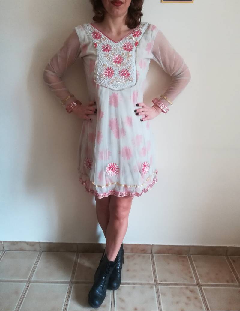 Vintage 80Er Jahre Tüll Mini Kleid Rosa Blümchen, Pailletten, Eu 34 von presquenew