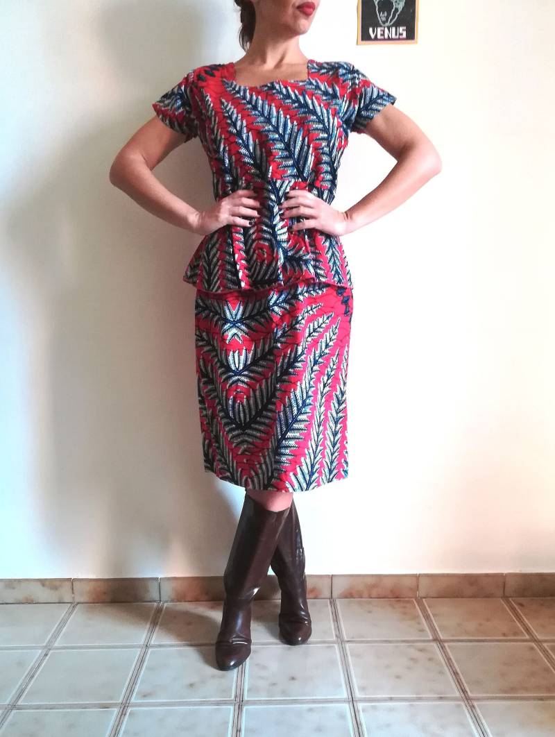 Vintage 90Er Jahre Kleid Aus Baumwolle Rot & Blau | Größe 44 von presquenew