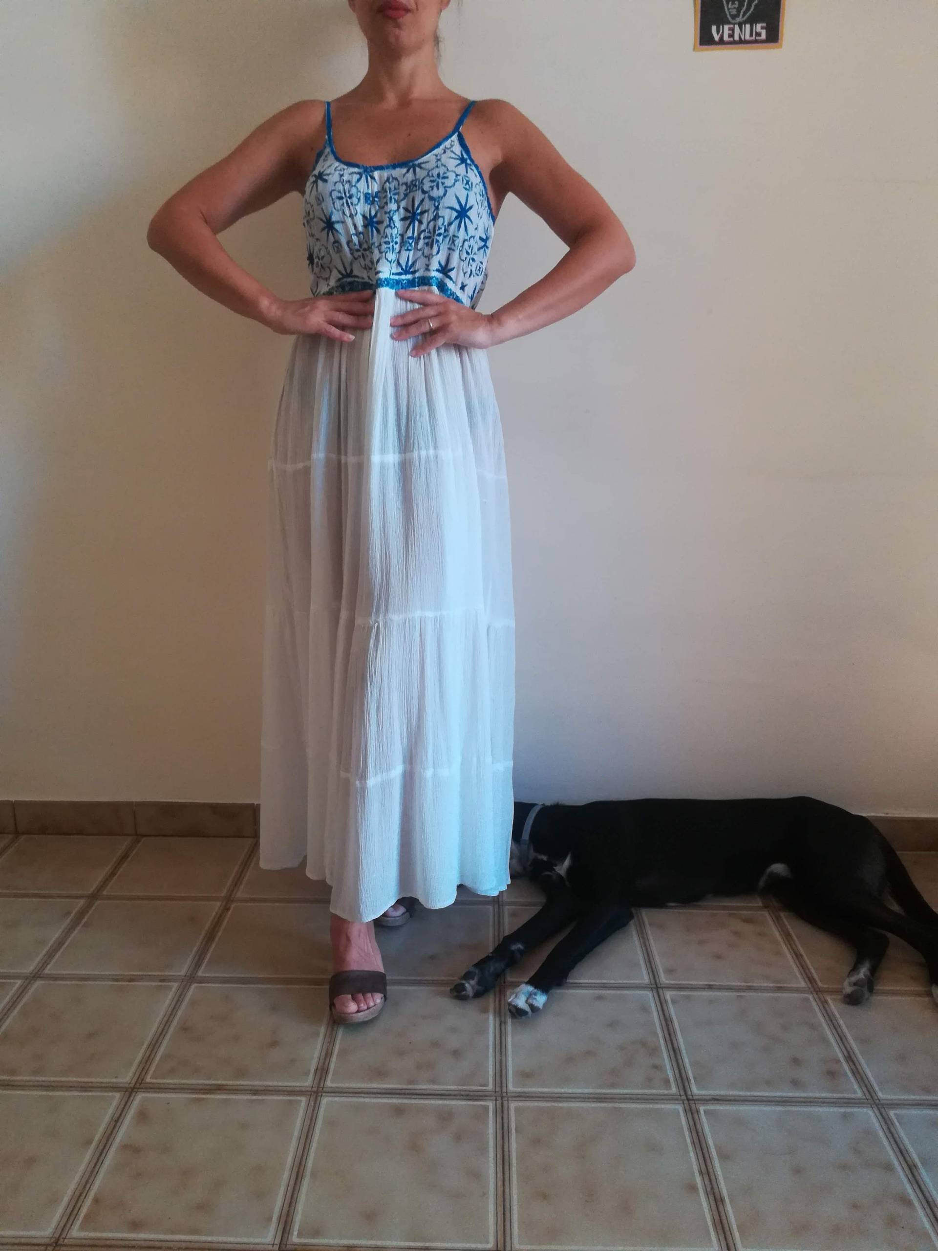 Vintage 90Er Jahre Maxi Kleid Aus Viskose Handbemalte Azulejos, Spaghettiträger, Größe L von presquenew