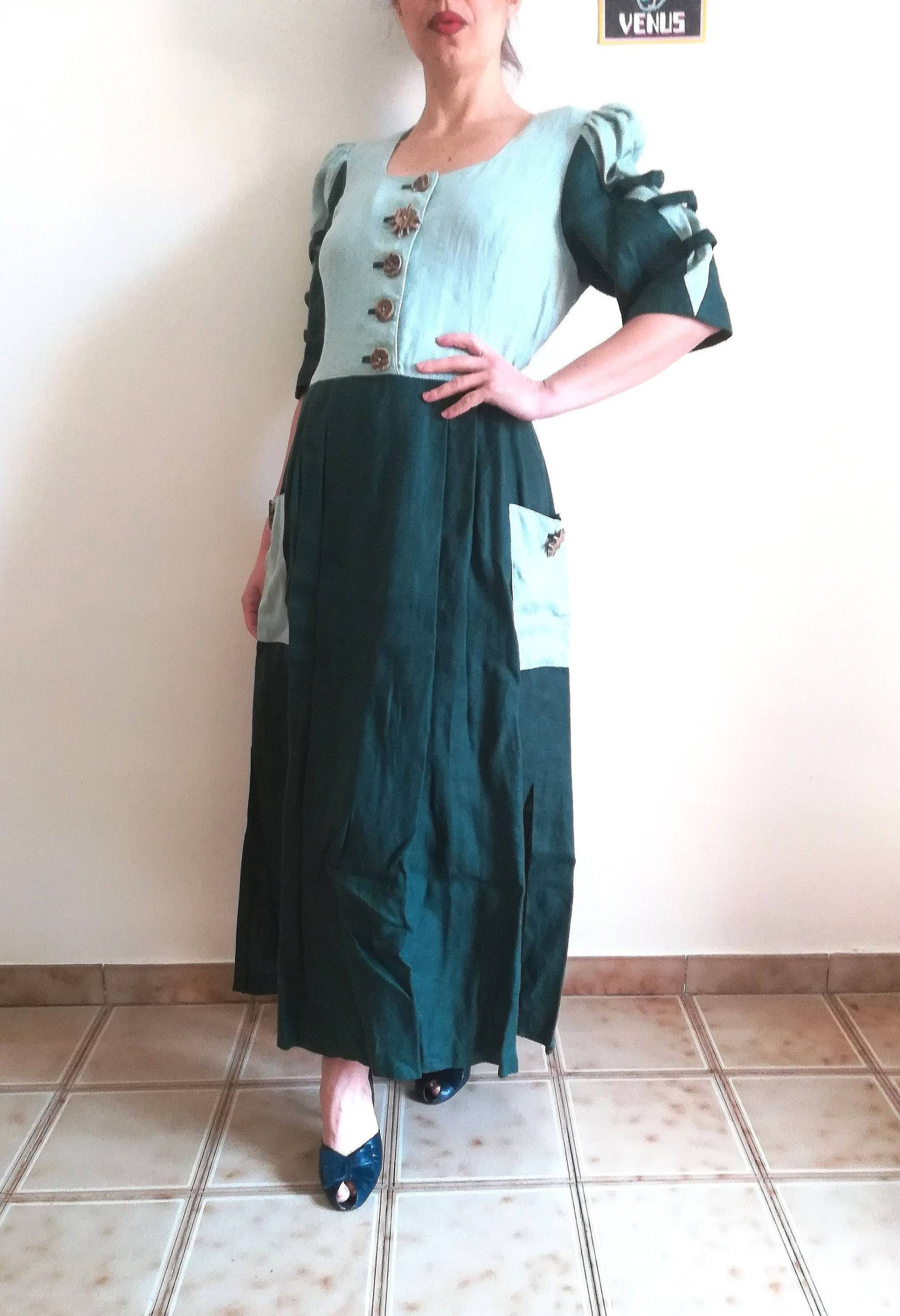 Vintage Leinen Dirndl Kleid 80Er Jahre Grünes Maxi Folklore Kleid Us8 von presquenew
