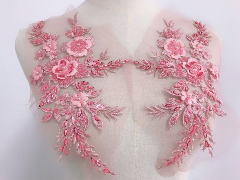 Champagner/Mauve Rosa 3D Blumen Perlen Spitzenapplikation, Pailletten-Spitzenapplikation, Stickerei-Spitzenapplikation Für von prettylaceshop
