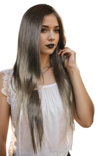 Prettyland 80cm Damen Lang-Perücke Mittel-Scheitel Wig Cosplay Hitzefest Schwarz-Grau gesträhnt C1452 von prettyland