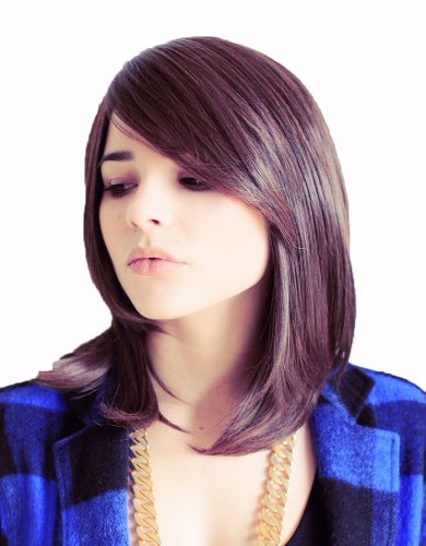 Prettyland Braune Damen glatte Perücke mit Pony Mittellange 40cm Hitzefest Glatt natürlich Wie Echthaar Wig C998 von prettyland