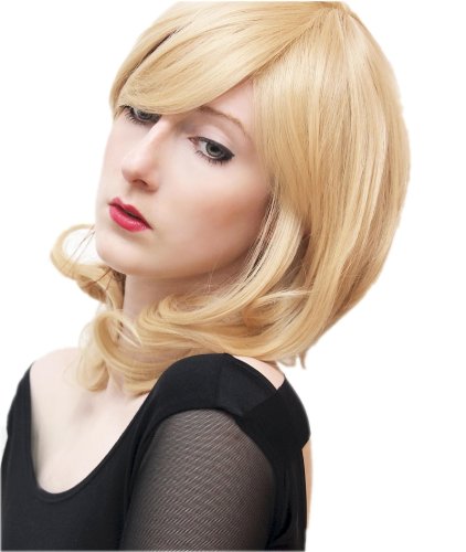 Prettyland C807 45cm Hell Blonde Perücke Mittellang Leichte Locken Pony Wie Echthaar Retro Stil von prettyland