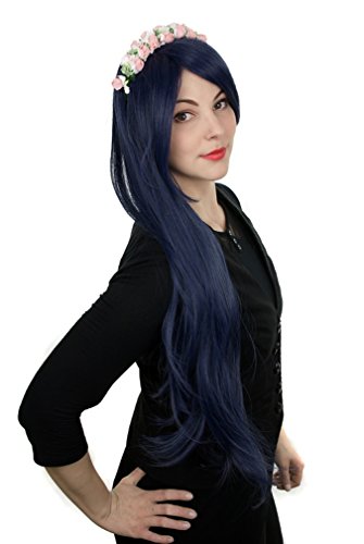 Prettyland Damen 80cm lange Perücke Dunkel Blau Glatt voluminös Manga Anime Wig C617 von prettyland