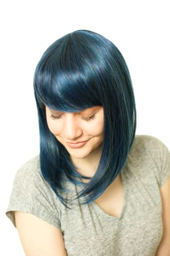 Prettyland Damen Blau Schwarz Strähnen Mittellange Schulterlang Glatte Natürlich Matte wie Echthaar Bob Perücke Wig C180 von prettyland