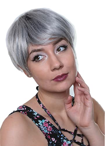 Prettyland Damen Herren Bob-Perücke Kurzhaar Gestuft Ombré Schwarzer Haaransatz Pixie glattt Wig Silber-Grau C1521 von prettyland