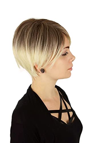 Prettyland Damen Herren Hell-blond Kurz-haar Glatt Pixie Perücke Gestuft Ombré Strähnen Wig Alltag C1352 von prettyland