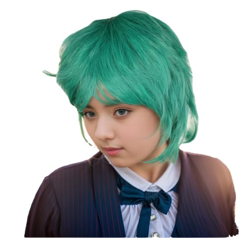 Prettyland Damen Herren Kurze Perücke Fransige Gestuft Pixie Anime Cosplay Hoween Wig Grün C140 von prettyland