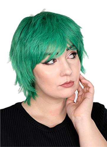 Prettyland Damen Herren Kurze Perücke Fransige Gestuft Pixie Anime Cosplay Hoween Wig Grün C140 von prettyland