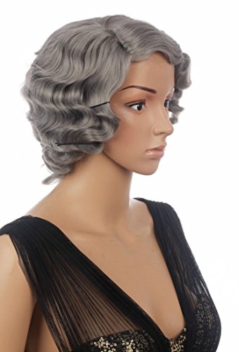 Prettyland Grau Damen Oma Kurz Kurzhaar-perücke Kinnlang mit Locken Retro Welle mit Seitenscheitel C249 von prettyland