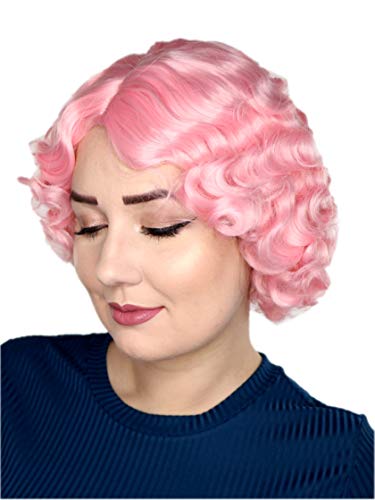 Prettyland Damen Kurzhaar-Perücke Kinnlang mit Locken Retro Welle mit Seitenscheitel hell-rosa Wig C072 von prettyland