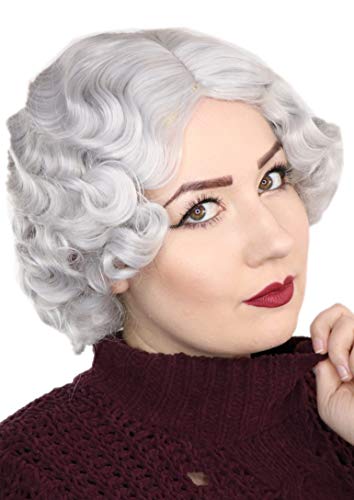 Prettyland Silber-Grau Oma Damen Kurzhaar Perücke Kinnlang mit Locken Retro Wellig Welle mit Seitenscheitel C805 von prettyland