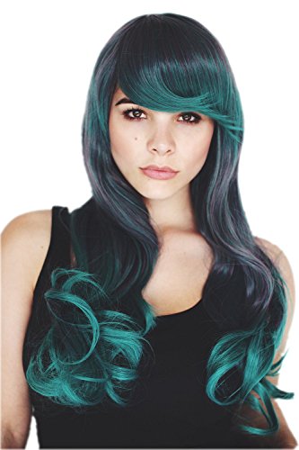 Prettyland Damen lang-Haare lange glatte gewellte Perücke Grau & Pfau-Grün 2-Farben Wig C913 von prettyland