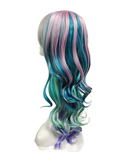 Prettyland Damen lange Perücke mehrfarbig bunt Regenbogen gewellt Locken Cosplay Event Wig grün lila rosa C675 von prettyland