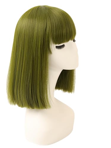 Prettyland Event Damen Bob gerade Pony Perücke Mittellange Kurze glatte hitzfeste Wig für Show Fasching Grün C908 von prettyland
