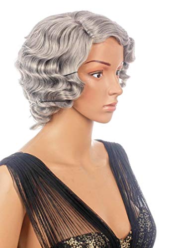 Prettyland Hell-Grau Damen Oma Kurzhaar Perücke Kinnlang mit Locken lockig Retro Welle mit Seitenscheitel C983 von prettyland