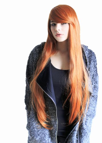 Prettyland Damen voluminös Langhaar-Perücke lange Glatte Wig für halloween Manga in Kupfer-rot Rot-Orange mit Pony C360 von prettyland