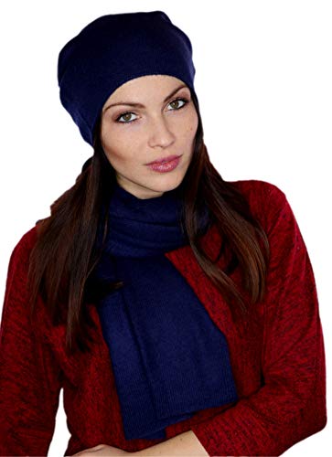 Prettystern Kaschmir Damen Schal Cashmere Beanie Mütze Haube Winter Set Dunkel-blau von Prettystern