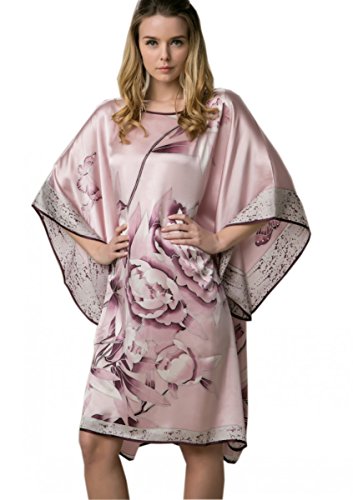 Prettystern Damen Handbemalt Seiden-Nachthemd Schlafkleid Lang Schlafhemd Reine 100% Seide Nachthemden Tunika Silk Pyjama Rosa Floral Ybs302 von Prettystern