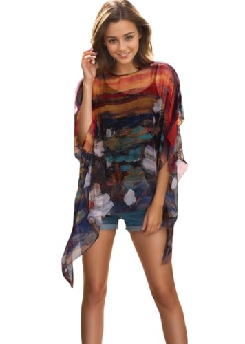 Prettystern Seide Damen Sommer-Poncho Chiffon-Überwurf Tunika Strand Bikini Überwurf leicht Seidentunika Kimono-Bluse Claude Monet Seerosen P02 von Prettystern