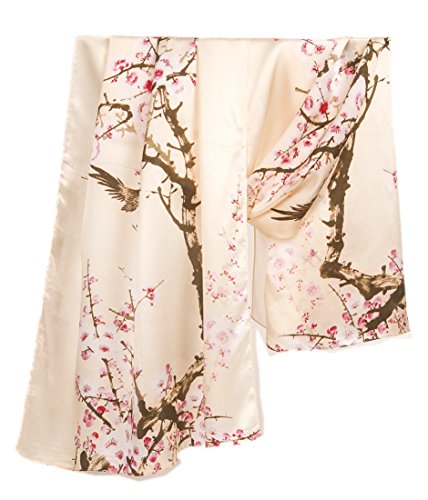 Prettystern 180cm XL Damen Satin Seiden-Schal Abendmode Schulter-Schal - Vögel Beige Pflaumenblüten Z04 von Prettystern