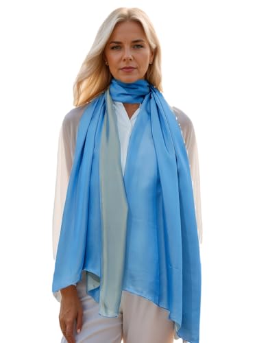 Prettystern 200cm X 70cm 2-farbige Crepe Satin 100% Seide Seidentaft Damen-schal Blau Grün von Prettystern