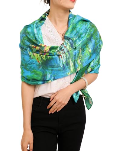 Prettystern Damen 170 cm Malerei Kunstdruck handrolliert grün blau rot Seidenschal Claude Monet Wasserlilien Seerosen P191 von Prettystern