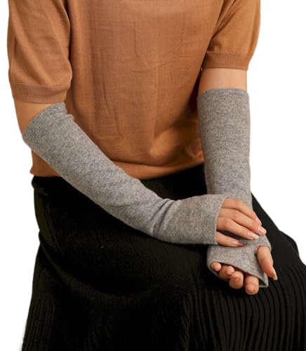 Prettystern Damen Arm-Wärmer Lang-Arm-Stulpen 100% Kaschmir Fingerlose Pulswärmer 2-lagig Rand Grau von Prettystern