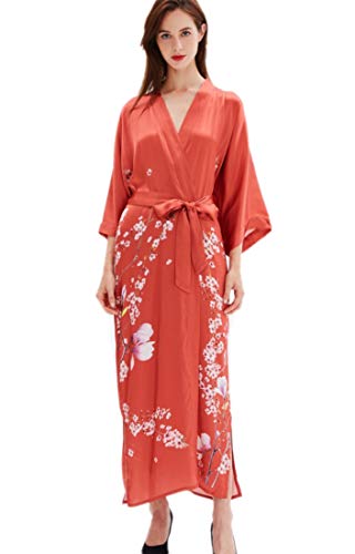 Prettystern Damen Bodenlang 100% Seide Satin Seidenmantel Kimono SeidenMorgenmantel Nachtkleid Yukata Robe Terracotta rot Sakura L02 von Prettystern