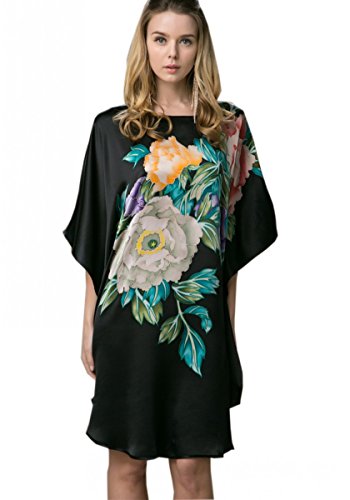 Prettystern Damen Seidennachthemd Handbemalt elegant Seide Schlafhemd, Kaftan oder Tunika-Kleid Nachtwäsche oder Sommerkleid YBS602 Schwarz von Prettystern