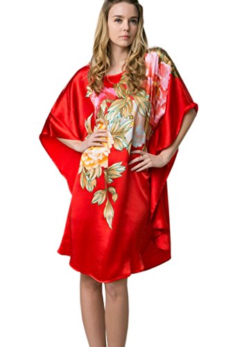 Prettystern Damen Seidennachthemd Handbemalt elegant Seide Schlafhemd, Kaftan oder Tunika-Kleid Nachtwäsche oder Sommerkleid YBS601 Rot von Prettystern