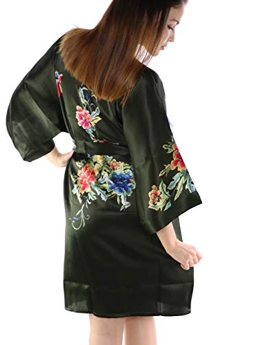 Prettystern Damen Knie-lang 100% Seide Satin Seidenmantel Kimono Morgenmantel Nacht-kleid Jacke Silk Robe Blumen dunkelgrün schwarz SK03 von Prettystern