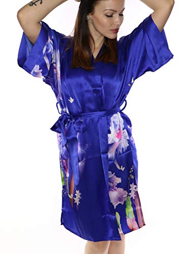 Prettystern Damen Knie-lang reine Seide Satin Seidenmantel Kimono Morgenmantel Nacht-kleid Jacke Silk Robe Blumen königsblau SK05 von Prettystern