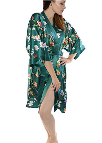 Prettystern Damen Knie-lang 100% Seide Satin Seidenmantel Kimono Morgenmantel Nacht-Kleid Jacke Silk Robe Dunkel-grün Pfau Garten K08 von Prettystern