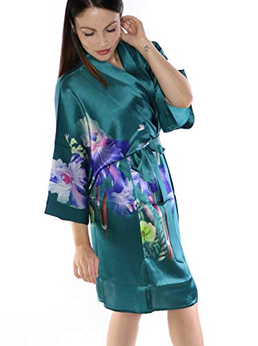 Prettystern Damen Knie-lang Reine Seide Satin Seidenmantel Kimono Morgenmantel Nacht-Kleid Jacke Silk Robe Blumen türkisgrün SK08 von Prettystern