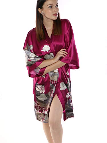 Prettystern Damen Knie-lang 100% Seide Satin Seidenmantel Kimono Morgenmantel Nacht-kleid Jacke Silk Robe dunkelpink SK02 von Prettystern