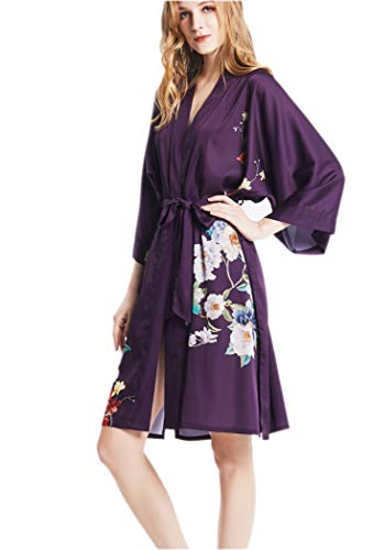 Prettystern Damen Knielang Reine Seide Satin Seidenmantel Kimono Morgenmantel Nacht-Kleid Jacke Silk Robe dunkellila SK13 von Prettystern