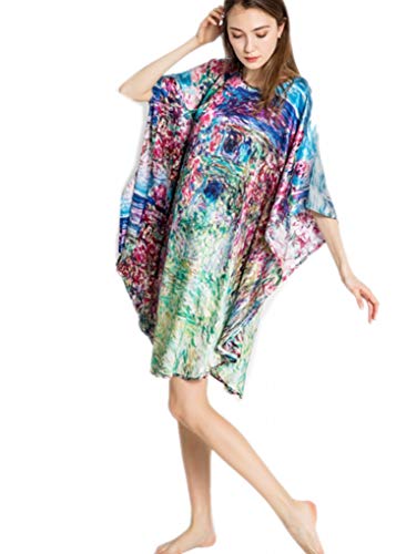 Prettystern Damen Kunst-Druck SeidenNachthemd Schlafkleid lang Schlafhemd Reine 100% Seide Nachthemden Tunika Silk Pyjama Monet Haus Rosen YBP von Prettystern