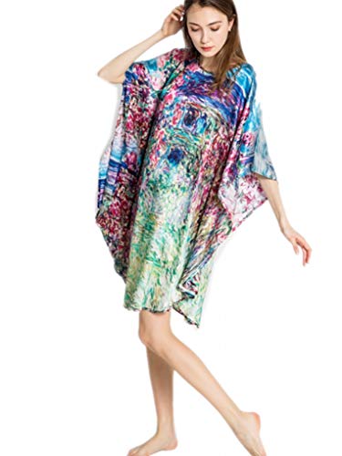 Prettystern Damen Seidennachthemd 100% Seide Nachthemd mit Kunstdruck Schlafkleid, Kaftan oder Tunika Monet Haus Rosen von Prettystern