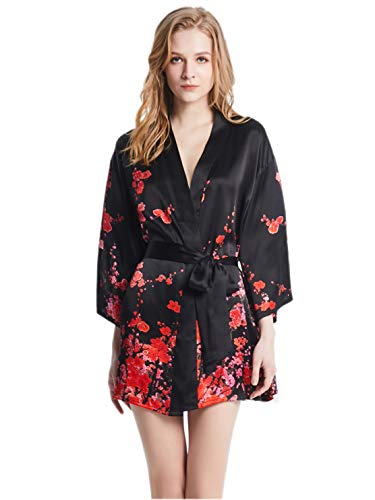 Prettystern Damen Mini-Kleid kurz Seide Satin SeidenMantel Kimono Morgenmantel Jacke Yukata Kostüm Silk Robe Blumen Pflaumenblüten Schwarz Mi04 von Prettystern